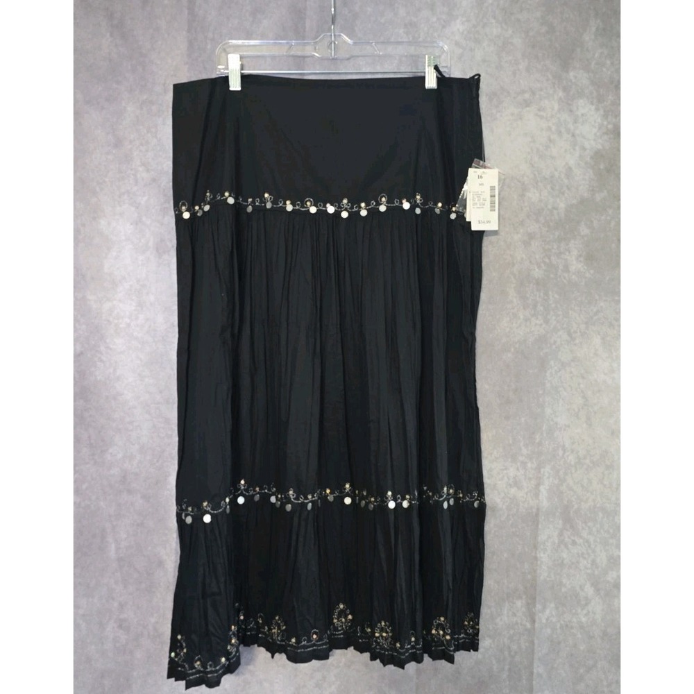NWT Y2K Black Crinkle Broomstick Maxi Skirt Coin Detail Whimsigoth Boho 16 VTG